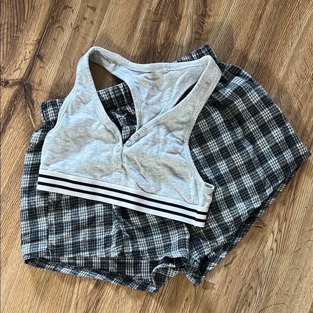 Gray Sports Bra with Striped Band and Pajama Shorts